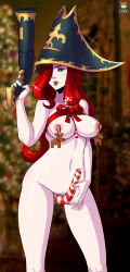 Rule 34 | 1girl, breasts, candy, candy cane, christmas ornaments, food, gun, hat, highres, kyoffie, large breasts, league of legends, miss fortune (league of legends), nail polish, navel, nipples, nude, object insertion, parted lips, pussy juice, red hair, ribbon, solo, standing, uncensored, weapon