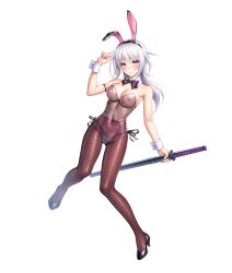 Rule 34 | 1girl, absurdres, action taimanin, amamiya shisui, animal ears, armpits, ass, bare shoulders, black footwear, breasts, brown eyes, detached collar, fake animal ears, feet, female focus, full body, high heels, highres, holding, holding sword, holding weapon, leotard, lilith-soft, long hair, looking at viewer, looking back, medium breasts, nipples, official art, outdoors, pantyhose, playboy bunny, rabbit ears, rabbit tail, sano toshihide, shiny clothes, shoes, unworn shoes, simple background, single shoe, solo, strapless, strapless leotard, sword, tail, taimanin (series), taimanin asagi kessen arena, taimanin rpgx, underwear, weapon, white background, white hair, wrist cuffs