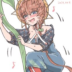 Rule 34 | 1girl, @ @, black sleeves, blue eyes, blue overalls, braid, brown hair, climbing, clothing cutout, crown braid, dated, fang, fate/grand order, fate (series), flower, motion lines, musical note, navel cutout, open mouth, orange headwear, overalls, puffy sleeves, shimogamo (shimomo 12), side braid, simple background, solo, striped clothes, striped headwear, sunflower, sweat, teeth, tongue, van gogh (fate), white background