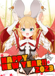 Rule 34 | 1girl, 2023, :d, animal ears, arms up, bamboo, black leotard, blonde hair, center frills, chinese zodiac, commentary request, fake animal ears, frills, gochuumon wa usagi desu ka?, grey hairband, hairband, happy new year, highres, kirima syaro, layered sleeves, leotard, long sleeves, looking at viewer, mitya, new year, open mouth, rabbit ears, short over long sleeves, short sleeves, sleeves past wrists, smile, solo focus, wide sleeves, wild geese, year of the rabbit