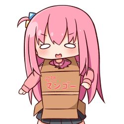 Rule 34 | 1girl, black skirt, blush, bocchi the rock!, box, cardboard box, cardboard box gundam, chibi, cube hair ornament, gotoh hitori, hair between eyes, hair ornament, hana kazari, highres, jacket, long hair, long sleeves, looking at viewer, one side up, open mouth, pink hair, pink jacket, pleated skirt, simple background, skirt, solo, track jacket, translation request, very long hair, wavy mouth, white background