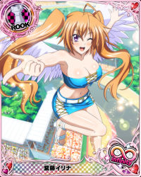 Rule 34 | 1girl, ahoge, angel, angel wings, bare shoulders, belt, blush, breasts, card (medium), character name, chess piece, cleavage, feet, female focus, halo, high school dxd, large breasts, long hair, looking at viewer, navel, official art, orange hair, purple eyes, race queen, rook (chess), sandals, shidou irina, skirt, solo, toes, trading card, twintails, very long hair, white footwear, white wings, wings, wink