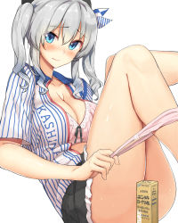Rule 34 | 10s, 1girl, b-ginga, blue eyes, blush, bra, breasts, censored, character name, cleavage, convenient censoring, employee uniform, hair ribbon, kantai collection, kashima (kancolle), large breasts, legs, looking at viewer, open clothes, open shirt, panties, panty pull, pink bra, pink panties, pleated skirt, ribbon, shirt, short hair, silver hair, simple background, sitting, skirt, smile, solo, underwear, uniform, white background