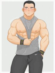Rule 34 | 1boy, amaimao, bara, bare pectorals, blush, bulge, clothes pull, contrapposto, facial hair, feet out of frame, goatee, grey shirt, highres, large pectorals, looking to the side, male focus, muscular, muscular male, navel, nike (company), nipples, original, pectorals, shirt, shirt pull, short hair, shy, sleeveless, sleeveless shirt, solo, stubble, thick eyebrows, thick thighs, thighs