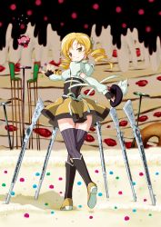 Rule 34 | 10s, 1girl, beret, blonde hair, blush, boots, breasts, brown thighhighs, cake, charlotte (madoka magica), corset, detached sleeves, drill hair, field of blades, fingerless gloves, food, gloves, gun, hair ornament, hairpin, hat, highres, large breasts, looking back, macla, magical girl, magical musket, mahou shoujo madoka magica, mahou shoujo madoka magica (anime), pleated skirt, puffy sleeves, ribbon, rifle, skirt, smile, sparkle, striped clothes, striped thighhighs, sweets, telekinesis, thigh gap, thighhighs, thighs, tomoe mami, twin drills, twintails, unworn hat, unworn headwear, vertical-striped clothes, vertical-striped thighhighs, weapon, witch&#039;s labyrinth, yellow eyes, zettai ryouiki