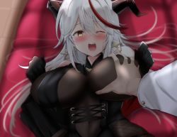 Rule 34 | 1girl, aegir (azur lane), azur lane, black gloves, blush, bodystocking, breast curtains, grabbing another&#039;s breast, breasts, commentary request, cross, cross-laced clothes, cross earrings, demon horns, earrings, gloves, grabbing, hair between eyes, horns, jewelry, large breasts, long sleeves, multicolored hair, one eye closed, open mouth, red hair, streaked hair, teeth, tonchinkan, upper body, upper teeth only, white hair, yellow eyes