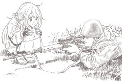 Rule 34 | :d, aiming, coat, dated, dragunov svd, fingerless gloves, gloves, grass, greyscale, gun, helmet, horikou, kagamihara nadeshiko, lying, monochrome, on stomach, open mouth, real life, redrawn, rifle, scarf, smile, sniper rifle, soldier, soviet, soviet army, squatting, weapon, yurucamp