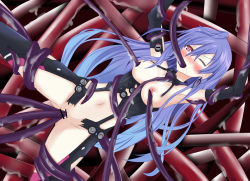 Rule 34 | 10s, 1girl, bar censor, blush, breast sucking, breasts, breasts out, censored, female focus, held up, iris heart, kami jigen game neptune v, neptune (series), one eye closed, purple hair, pururut, restrained, solo, symbol-shaped pupils, tentacle sex, tentacles, torn clothes, vaginal, vesperia