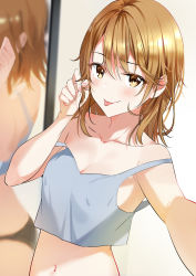 Rule 34 | 1girl, absurdres, bare shoulders, blue tank top, blush, breasts, brown eyes, cleavage, collarbone, covered erect nipples, highres, isshiki iroha, light brown hair, long hair, looking at viewer, medium breasts, mirror, nail polish, navel, nonbire, smile, solo, tank top, tongue, tongue out, yahari ore no seishun lovecome wa machigatteiru.