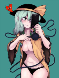 Rule 34 | 1girl, black panties, blouse, breasts, cellphone, character doll, cleavage, commentary request, dress shirt, eyeball, green background, green eyes, green hair, hat, hat ribbon, heart, komeiji koishi, komeiji satori, legs together, long sleeves, medium breasts, midriff, navel, no bra, opagi, open clothes, open shirt, panties, phone, ribbon, selfie, shirt, short hair, simple background, smile, solo, standing, stomach, string, third eye, touhou, underwear, wide sleeves