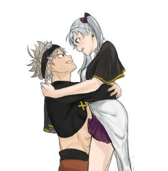 Rule 34 | 1boy, 1girl, arms around waist, asta (black clover), black clover, blush, carrying, carrying person, couple, hetero, looking at another, looking at viewer, noelle silva, open mouth, twintails