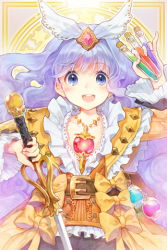 Rule 34 | 1girl, :d, belt, blue eyes, blue hair, blush, bow, clarice, clarice altheim, flat chest, frills, gem, hair ornament, hakou (barasensou), lowres, matching hair/eyes, open mouth, potion, pouch, ribbon, smile, solo, sword, sword girls, test tube, weapon