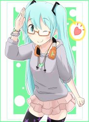 Rule 34 | 1girl, bespectacled, black thighhighs, blue eyes, blue hair, bracelet, casual, glasses, hatsune miku, headphones, headphones around neck, heart, highres, jewelry, long hair, matching hair/eyes, minipat, minipat (sketch wall), one eye closed, project diva (series), project diva 2nd, salute, skirt, solo, thighhighs, twintails, vocaloid, wink, zettai ryouiki