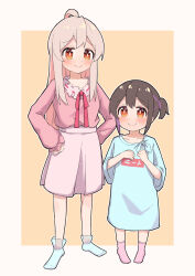 Rule 34 | 2girls, absurdres, aged down, ahoge, black hair, blue shirt, blush, brown eyes, child, commentary, frilled shirt collar, frills, full body, hair between eyes, hands on own hips, highres, long hair, long sleeves, looking at viewer, multicolored hair, multiple girls, neck ribbon, nekomotowata, no shoes, onii-chan wa oshimai!, oversized clothes, oversized shirt, oyama mahiro, oyama mihari, pink hair, pink shirt, pink socks, purple hair, red ribbon, ribbon, shirt, short hair, short twintails, siblings, simple background, sisters, skirt, smile, socks, standing, t-shirt, tied shirt, twintails, two-tone hair, white skirt, white socks, yellow background