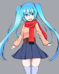 Rule 34 | 1girl, blue eyes, blue hair, blue skirt, grey background, hatsune miku, long hair, matching hair/eyes, open mouth, red scarf, scarf, simple background, skirt, solo, t shatsu, thighhighs, twintails, very long hair, vocaloid, zettai ryouiki