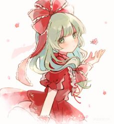 Rule 34 | 1girl, bow, commentary request, dated, dress, flower, frilled bow, frilled ribbon, frilled sleeves, frills, front ponytail, green eyes, green hair, hair bow, hair ribbon, hand up, highres, kagiyama hina, long hair, looking at viewer, looking to the side, nig 18, petals, pink flower, puffy short sleeves, puffy sleeves, red bow, red dress, red ribbon, ribbon, short sleeves, solo, touhou, upper body