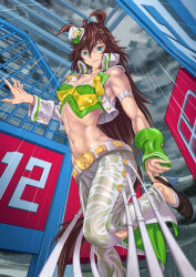 Rule 34 | 1girl, animal ears, bare shoulders, black footwear, breasts, brown hair, cleavage, cloud, cloudy sky, commentary request, crop top, foot out of frame, fukami (trash sp), green eyes, green shirt, hair between eyes, hair ornament, hairclip, hat, high heels, highres, horse ears, jacket, medium breasts, midriff, mini hat, mini top hat, mr. c.b. (umamusume), navel, open clothes, open jacket, outdoors, pants, rain, ribs, shirt, sky, solo, stomach, strapless, strapless shirt, top hat, umamusume, white hat, white jacket, white pants