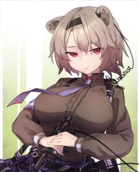 Rule 34 | 1girl, absinthe (arknights), animal ears, arknights, armband, arms up, bear ears, bear girl, black headband, breasts, brown shirt, commentary, frown, gradient background, green background, grey hair, headband, highres, holding, holding wand, large breasts, looking at viewer, necktie, own hands together, purple necktie, purple skirt, red eyes, ryota tentei, shirt, short hair, simple background, skirt, solo, upper body, wand