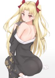 Rule 34 | 1girl, bare back, bare shoulders, black gloves, black kimono, blonde hair, blush, earrings, ereshkigal (fate), fate/grand order, fate (series), finger to mouth, gloves, graphite (medium), hair ribbon, half gloves, infinity symbol, japanese clothes, jewelry, kimono, long hair, looking at viewer, looking back, off shoulder, parted bangs, red eyes, red ribbon, ribbon, sitting, socks, solo, traditional media, tu (to sse), two side up, very long hair, white background, white socks