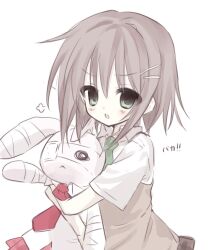 Rule 34 | 1girl, annoyed, anone (00x02), blush, brown sweater vest, collared shirt, green eyes, green necktie, hair ornament, hairclip, hugging object, light brown hair, looking at viewer, mamiya hasaki, necktie, parted bangs, shirt, short hair, short sleeves, simple background, solo, stuffed animal, stuffed rabbit, stuffed toy, subarashiki hibi, sweater vest, translated, upper body, white background