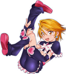 Rule 34 | 1girl, :d, bike shorts, blonde hair, bow, brown eyes, capelet, cure black, detached leggings, earrings, female focus, fingerless gloves, frills, funnyari, futari wa precure, gloves, heart, heart earrings, jewelry, legs up, lying, misumi nagisa, on back, open mouth, pink bow, pink footwear, precure, shoes, short hair, simple background, smile, solo, white background
