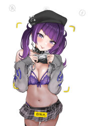 Rule 34 | 1girl, beret, black choker, black hat, blunt bangs, blush, bra, breasts, choker, cleavage, closed mouth, clothes lift, commentary request, diagonal bangs, ear piercing, earrings, grey skirt, hamedoragon, hat, idolmaster, idolmaster shiny colors, jewelry, lace, lace bra, lifted by self, long hair, long sleeves, looking at viewer, medium breasts, miniskirt, navel, piercing, plaid, plaid skirt, purple bra, purple eyes, purple hair, shirt, shirt lift, simple background, skirt, smile, solo, standing, studded choker, tanaka mamimi, tongue, tongue out, twintails, underwear