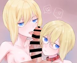 Rule 34 | 1boy, 2girls, bar censor, blonde hair, blue eyes, breasts, censored, closed mouth, collar, erica hartmann, eyebrows hidden by hair, fellatio, glasses, heart, highres, licking, licking penis, looking at viewer, multiple girls, nipples, oral, penis, shimaidon, siblings, sikisikisikibu, sisters, strike witches, strike witches: suomus misfits squadron, ursula hartmann, veins, veiny penis, world witches series