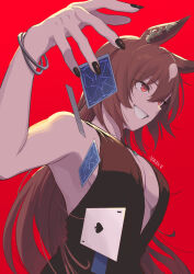Rule 34 | 1girl, ace (playing card), ace of spades, alternate costume, animal ears, armpits, artist name, black nails, bracelet, breasts, brown hair, cleavage, dress, ear covers, floating card, fingernails, hand up, highres, horse ears, horse girl, jewelry, large breasts, long hair, mukakin, necklace, playing card, red background, red eyes, single ear cover, sirius symboli (umamusume), smile, solo, spade (shape), teeth, umamusume