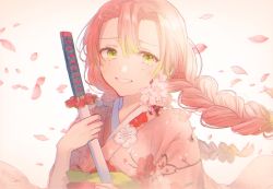 Rule 34 | 1girl, alternate costume, braid, floral print, flower, gradient background, gradient hair, green eyes, green hair, hair between eyes, happy tears, heart, heart print, highres, japanese clothes, kanroji mitsuri, katana, kimetsu no yaiba, kimono, long hair, looking at viewer, mole, mole under eye, multicolored hair, oyuyu, parted lips, petals, pink background, pink hair, pink kimono, ponytail, scabbard, sheath, sheathed, simple background, smile, solo, sword, tears, tri braids, twin braids, two-tone hair, upper body, weapon, white background, wind