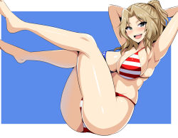 Rule 34 | 10s, 1girl, american flag, american flag bikini, american flag print, armpits, arms behind head, ass, barefoot, bikini, blonde hair, blue background, blue eyes, breasts, cleavage, flag print, full body, girls und panzer, hair intakes, hair up, hifumi hajime, invisible chair, kay (girls und panzer), large breasts, leaning back, legs up, long hair, looking at viewer, lying, navel, on back, open mouth, outside border, print bikini, short ponytail, sitting, smile, solo, swimsuit, thighs