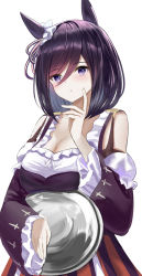 Rule 34 | 1girl, animal ears, black dress, black hair, black sleeves, blush, breasts, cleavage, closed mouth, commentary request, detached sleeves, dress, eishin flash (umamusume), hair between eyes, hand up, highres, holding, holding tray, horse ears, long sleeves, looking at viewer, medium breasts, natsuki (natukituki), purple eyes, simple background, sleeveless, sleeveless dress, solo, tray, umamusume, white background, wide sleeves