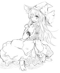 Rule 34 | 1girl, female focus, greyscale, hat, kirisame marisa, looking back, lowres, monochrome, no shoes, one eye closed, sitting, sketch, smile, solo, tes (unpre), touhou, wariza, witch, witch hat