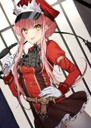 Rule 34 | 1girl, bad id, bad pixiv id, breasts, fate/grand order, fate (series), gambe, gloves, hat, highres, holding, holding riding crop, long hair, looking at viewer, medb (alluring chief warden look) (fate), medb (fate), medium breasts, military, military uniform, open mouth, peaked cap, pink hair, riding crop, skirt, smile, uniform, whip, white gloves, yellow eyes