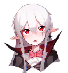 Rule 34 | 1girl, absurdres, arknights, beudelb, bow, bowtie, cape, earrings, hair between eyes, highres, jewelry, long hair, official alternate costume, open mouth, pale skin, pointy ears, popped collar, portrait, red eyes, scar, scar across eye, scar on face, shirt, simple background, solo, warfarin (arknights), warfarin (the feast) (arknights), white background, white hair, white shirt