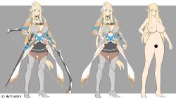 Rule 34 | armor, blonde hair, bow, breasts, character design, character sheet, cleavage, concept art, elf, food, gauntlets, hayama kazusa, highres, huge breasts, large breasts, long hair, nipples, pointy ears, ponytail, skirt, waffle