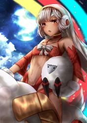 Rule 34 | 1girl, :o, altera (fate), altera the santa (fate), animal, artist name, bad id, bad pixiv id, bandeau, bare shoulders, blush, bow, breasts, brown hair, carrying, carrying under arm, choker, cloud, commentary request, dark-skinned female, dark skin, detached sleeves, earmuffs, fate/grand order, fate (series), fur-trimmed mittens, fur trim, long sleeves, looking at viewer, mittens, navel, night, night sky, open mouth, red bandeau, red choker, red eyes, revealing clothes, riding, saruei, sheep, short hair, sky, small breasts, solo, star (sky), starry sky, stuffed animal, stuffed sheep, stuffed toy, veil, white bow, white mittens