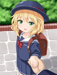 Rule 34 | 1boy, 1girl, :d, backpack, bag, blonde hair, blue headwear, blue shirt, blue skirt, blurry, blurry background, blush, bow, commentary request, day, depth of field, dress shirt, fingernails, green eyes, hair between eyes, hat, hat bow, highres, holding hands, idolmaster, idolmaster cinderella girls, idolmaster cinderella girls starlight stage, long sleeves, looking at viewer, open mouth, out of frame, outdoors, pleated skirt, producer (idolmaster), randoseru, red bow, sailor collar, sakurai momoka, school uniform, serafuku, shirt, skirt, smile, solo focus, standing, u2 (5798239), white sailor collar