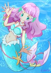 Rule 34 | 1girl, air bubble, artist name, bare shoulders, blue eyes, blunt bangs, bracelet, breasts, bubble, commentary request, crop top, frilled shirt, frilled shirt collar, frills, full body, green eyes, hair ornament, hand up, highres, jewelry, kasuga rurito, laura (precure), long hair, looking at viewer, medium breasts, mermaid, midriff, monster girl, navel, necklace, pearl hair ornament, pearl necklace, pink hair, precure, scales, shirt, sidelocks, sleeveless, sleeveless shirt, smile, solo, split tail, tropical-rouge! precure, underwater, white shirt