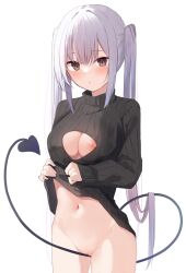 Rule 34 | 1girl, absurdres, between legs, black sweater, blush, breasts, brown eyes, cleavage cutout, closed mouth, clothes lift, clothing cutout, commentary request, demon tail, grey hair, groin, hair between eyes, highres, large breasts, lifted by self, long hair, looking at viewer, memekko, navel, nipples, original, pussy juice, simple background, solo, sweater, sweater lift, tail, tail between legs, turtleneck, turtleneck sweater, twintails, very long hair, white background