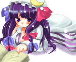Rule 34 | 1girl, blue bow, blunt bangs, book, bow, crescent, dress, female focus, full body, hair bow, hat, long hair, long sleeves, lying, mob cap, multi-tied hair, multiple hair bows, on stomach, ono mochiko, open book, patchouli knowledge, pink bow, purple eyes, purple hair, reading, red bow, solo, touhou, very long hair, white dress