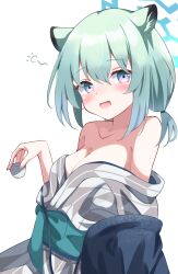 Rule 34 | 1girl, absurdres, animal ears, aqua hair, bare shoulders, blue archive, breasts, choko (cup), cleavage, crossed bangs, cup, drunk, grey kimono, halo, highres, holding, holding cup, japanese clothes, kabocya na, kimono, large breasts, light green hair, low twintails, off shoulder, pink eyes, shigure (blue archive), shigure (hot spring) (blue archive), solo, squeans, tail, twintails, weasel ears, weasel girl, weasel tail, white background, yukata