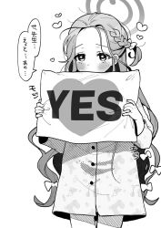 Rule 34 | 13 (spice!!), 1girl, blue archive, blush, bow, braid, cowboy shot, greyscale, hair bow, halo, heart, holding, holding pillow, jacket, long hair, long sleeves, monochrome, pillow, simple background, solo, speech bubble, translation request, very long hair, white background, yes, yes-no pillow, yuzu (blue archive)