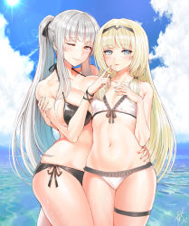 Rule 34 | 2girls, ak-12 (girls&#039; frontline), alternate costume, alternate hairstyle, an-94 (girls&#039; frontline), arm around waist, bad id, bad pixiv id, beach, bikini, black bikini, blonde hair, blue eyes, blue nails, blue sky, blush, braid, breasts, cleavage, closed mouth, cloud, collarbone, day, french braid, girls&#039; frontline, hair ribbon, hairband, hand on another&#039;s arm, large breasts, long hair, looking at viewer, multiple girls, nail polish, ocean, one eye closed, open mouth, outdoors, ponytail, red eyes, red nails, ribbon, side-tie bikini bottom, sidelocks, signature, silver hair, skindentation, sky, small breasts, smile, sun, sunlight, swimsuit, taesi, thigh strap, tress ribbon, very long hair, wet