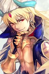 Rule 34 | 1boy, blonde hair, earrings, fate/grand order, fate (series), gauntlets, gilgamesh, gilgamesh (caster) (fate), gilgamesh (fate), hand on own chin, high collar, hungry clicker, jewelry, male focus, red eyes, shoulder tattoo, smile, solo, stroking own chin, tattoo, topless male, turban