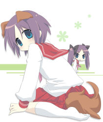 Rule 34 | 2girls, animal ears, black ribbon, blue eyes, commentary request, dog ears, dog tail, floral print, from side, full body, hair ribbon, hiiragi kagami, hiiragi tsukasa, kneehighs, light blush, long hair, long sleeves, looking at viewer, lucky star, medium hair, multiple girls, neckerchief, no shoes, open mouth, pleated skirt, purple hair, red neckerchief, red skirt, ribbon, ryouou school uniform, school uniform, serafuku, shirt, siblings, sisters, sitting, skirt, socks, tail, twins, twintails, very long hair, wariza, white background, white shirt, white socks, yuzuki gao