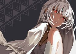 Rule 34 | 10s, altera (fate), altera (formal dress) (fate), alternate costume, bare back, bare shoulders, collarbone, dark-skinned female, dark skin, detached sleeves, dress, fate/extella, fate/extra, fate/grand order, fate (series), headdress, heroic spirit formal dress, jewelry, looking at viewer, parted lips, pokimari, red eyes, short hair, silver dress, solo, tagme, tan, tattoo, veil, white hair