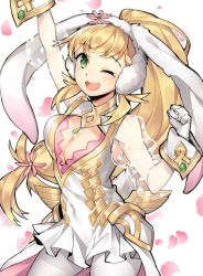 Rule 34 | 1girl, animal ears, blonde hair, blush, braid, breasts, rabbit tail, fire emblem, fire emblem heroes, ge-b, gloves, green eyes, long hair, looking at viewer, nintendo, open mouth, playboy bunny, rabbit girl, sharena (fire emblem), simple background, smile, solo, tail, white background