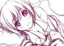 Rule 34 | 1girl, bed sheet, blush, breasts, cleavage, closed mouth, collarbone, collared shirt, commentary request, konpaku youmu, large breasts, long sleeves, looking at viewer, lying, monochrome, nori tamago, on side, pillow, pink theme, shirt, short hair, simple background, sketch, smile, solo, tareme, touhou, under covers, white background