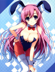 Rule 34 | 1girl, absurdres, animal ears, bare shoulders, blue eyes, bow, bowtie, breasts, cleavage, detached collar, fake animal ears, hand on own hip, highres, large breasts, leaning forward, leotard, light smile, long hair, pantyhose, pink hair, playboy bunny, rabbit ears, rabbit tail, red thighhighs, solo, tail, thighhighs, tomose shunsaku, very long hair, wrist cuffs