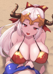 Rule 34 | 1boy, 1girl, aliza (granblue fantasy), blush, braid, breasts, bulge, cleavage, crotch grab, draph, gran (granblue fantasy), granblue fantasy, hair tie, heart, heart-shaped pupils, hetero, highres, horns, kai kageo, large breasts, long hair, looking at viewer, looking up, open mouth, pointy ears, ponytail, pov, red eyes, seductive smile, shortstack, sidelocks, silver hair, single braid, smile, solo focus, symbol-shaped pupils, veins, veiny breasts, very long hair